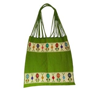 mexican woven market morral tote sling bag green embroidered